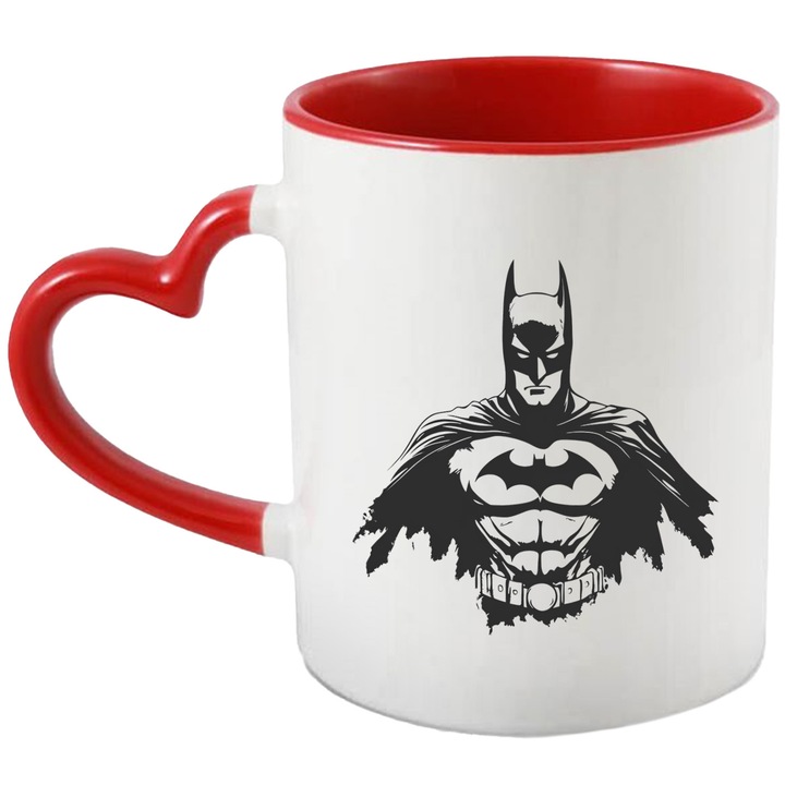 Cana Cu Batman – Erou Aventuros Disney, Cadou Inspirat si Magic, Ceramica, 330ML, Cu Maner Inima Rosie si Interior Rosu