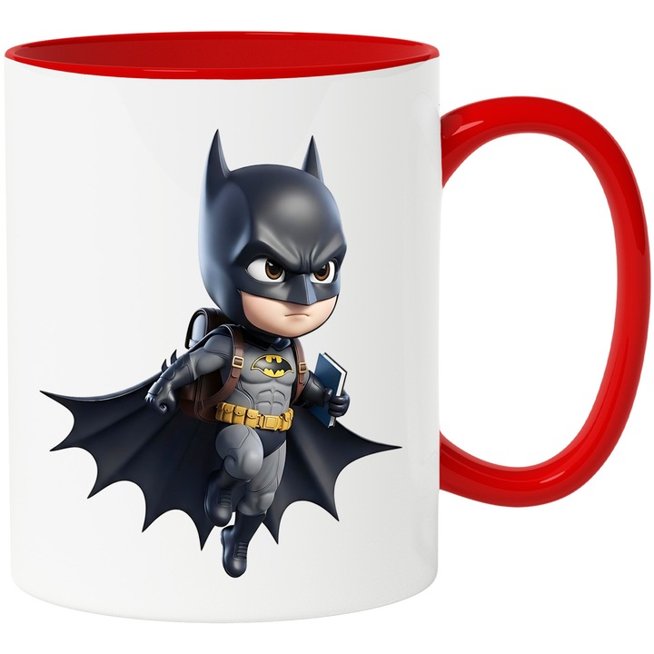 Cana Cu Batman – Cavaler Intunecat Vesel, Cadou Colorat si Magic, Ceramica, 330ML, Cu Maner si Interior Rosu