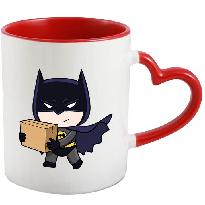 Cana Cu Batman – Personaj DC Clasic, Cadou Colorat si Fermecator, Ceramica, 330ML, Cu Maner Inima Rosie si Interior Rosu