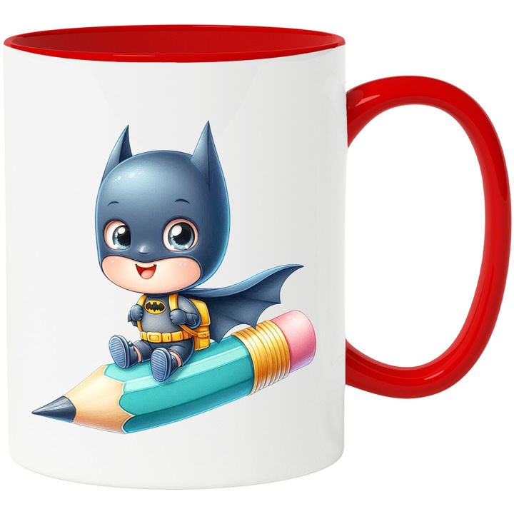 Cana Cu Batman – Poveste DC Colorata, Cadou Magic si Inspirat, Ceramica, 330ML, Cu Maner si Interior Rosu