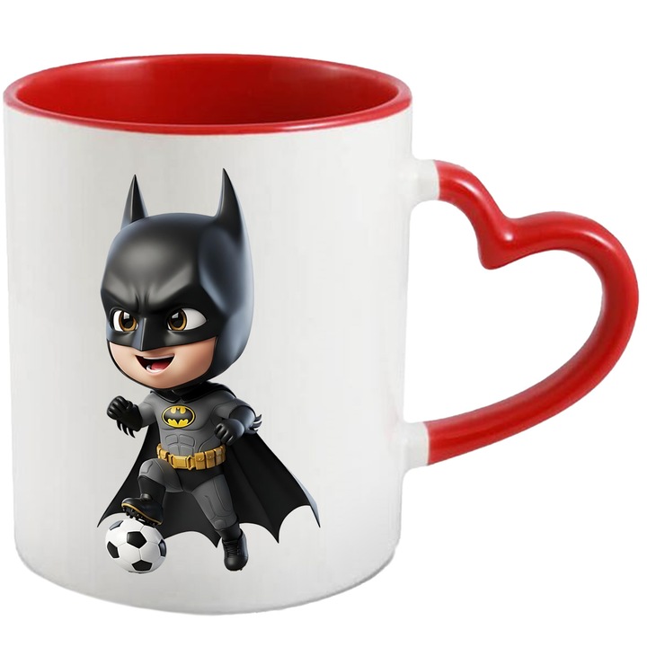 Cana Cu Batman – Personaj Vesel Gotham, Cadou Aventuros si Colorat, Ceramica, 330ML, Cu Maner Inima Rosie si Interior Rosu