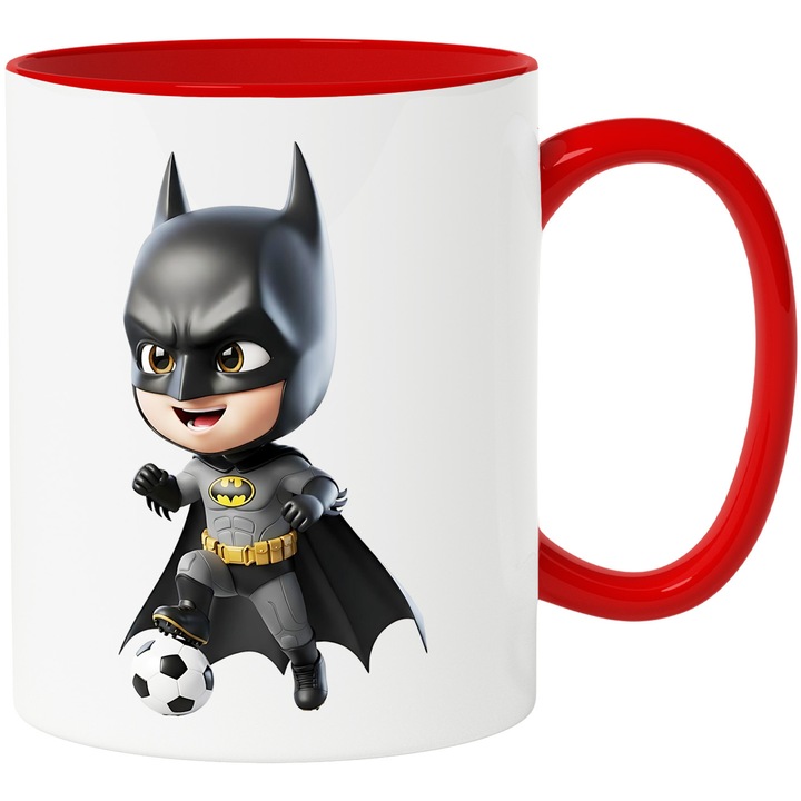 Cana Cu Batman – Personaj Vesel Gotham, Cadou Aventuros si Colorat, Ceramica, 330ML, Cu Maner si Interior Rosu