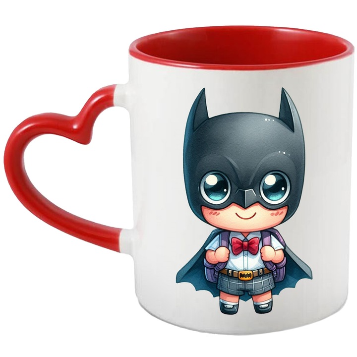 Cana Cu Batman – Personaj DC Fermecator, Cadou Magic si Nostalgic, Ceramica, 330ML, Cu Maner Inima Rosie si Interior Rosu