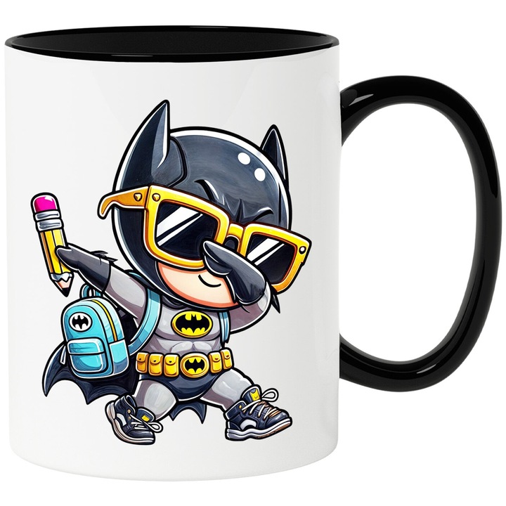 Cana Cu Batman – Poveste DC Nostalgica, Cadou Colorat si Fermecator, Ceramica, 330ML, Cu Maner si Interior Negru