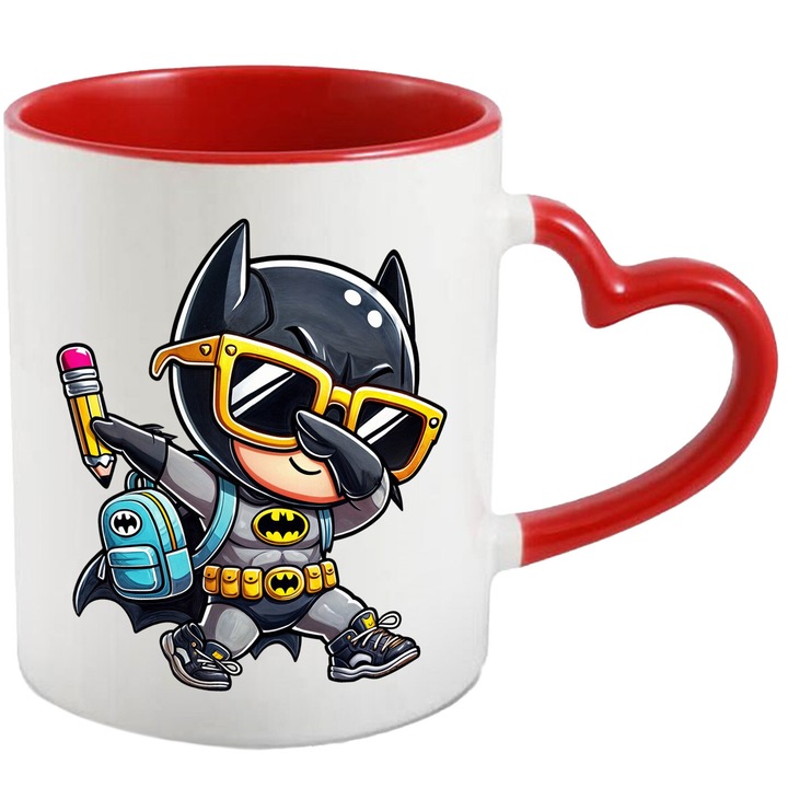 Cana Cu Batman – Poveste DC Nostalgica, Cadou Colorat si Fermecator, Ceramica, 330ML, Cu Maner Inima Rosie si Interior Rosu