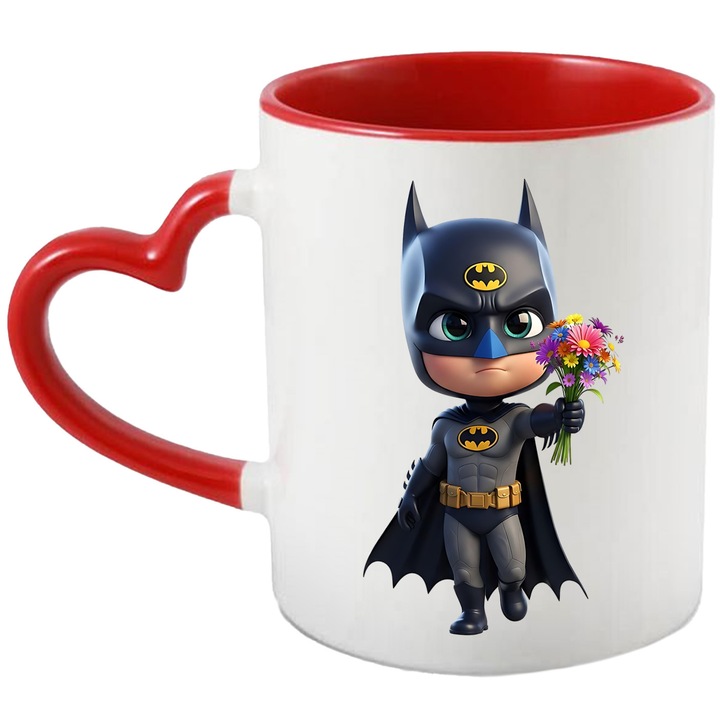 Cana Cu Batman – Personaj Iconic Gotham, Cadou Magic si Aventuros, Ceramica, 330ML, Cu Maner Inima Rosie si Interior Rosu