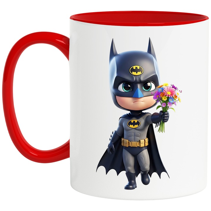 Cana Cu Batman – Personaj Iconic Gotham, Cadou Magic si Aventuros, Ceramica, 330ML, Cu Maner si Interior Rosu
