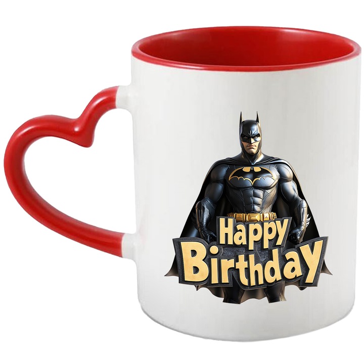 Cana Cu Batman – Erou DC Aventuros, Cadou Colorat si Magic, Ceramica, 330ML, Cu Maner Inima Rosie si Interior Rosu