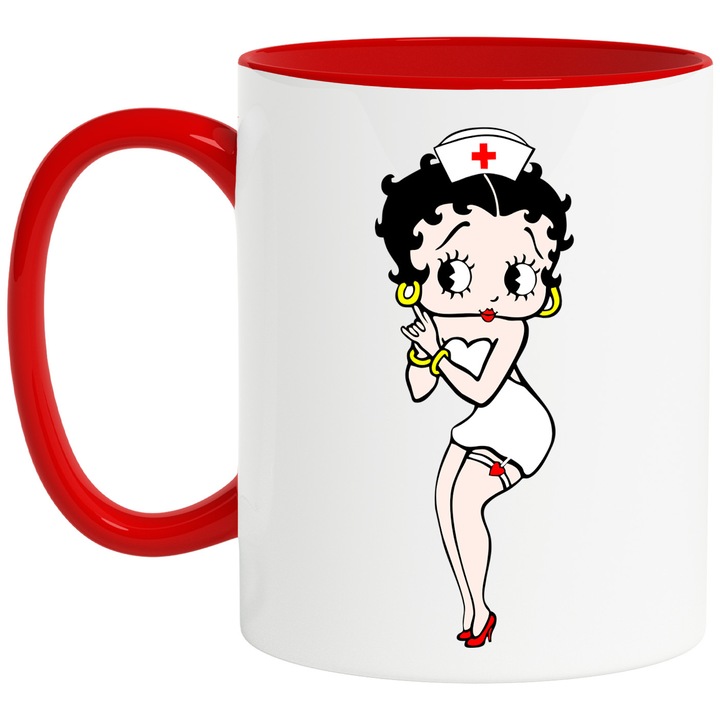Cana Cu Betty Boop – Design Vesel si Colorat, Cadou Amuzant si Aventuros, Ceramica, 330ML, Cu Maner si Interior Rosu