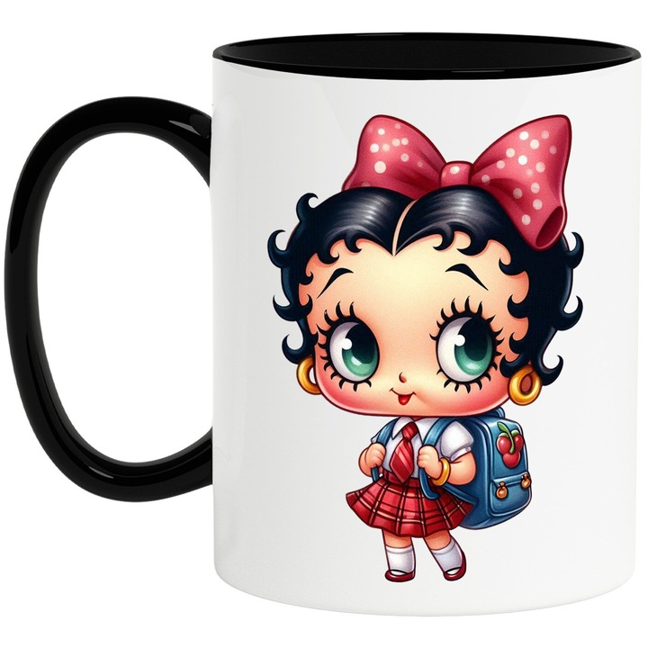 Cana Cu Betty Boop – Personaj Vesel si Iubit, Cadou Colorat si Amuzant, Ceramica, 330ML, Cu Maner si Interior Negru