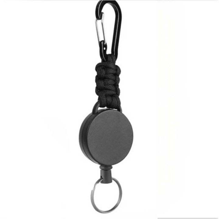 Visszahúzható acélkábel kulcstartó, elvesztésgátló zárrendszer, forgatható kialakítás, időjárásálló, kompakt méret, 1db Fekete 16*4*4