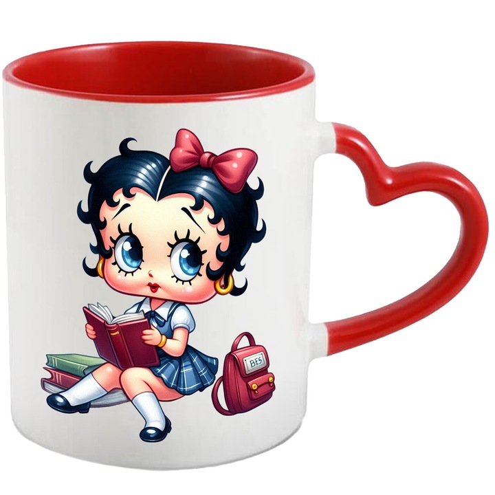 Cana Cu Betty Boop – Design Nostalgic, Cadou Inspirat si Colorat, Ceramica, 330ML, Cu Maner Inima Rosie si Interior Rosu