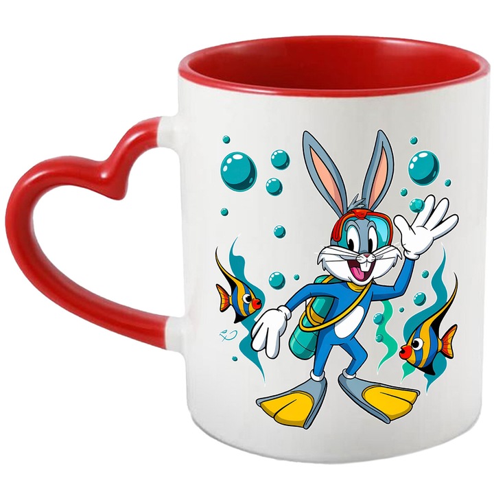 Cana Cu Bugs Bunny – Erou Cartoon Nostalgic, Cadou Inspirat si Aventuros, Ceramica, 330ML, Cu Maner Inima Rosie si Interior Rosu