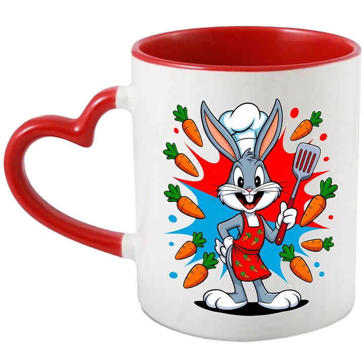 Cana Cu Bugs Bunny – Erou Iconic Cartoon, Cadou Special si Aventuros, Ceramica, 330ML, Cu Maner Inima Rosie si Interior Rosu