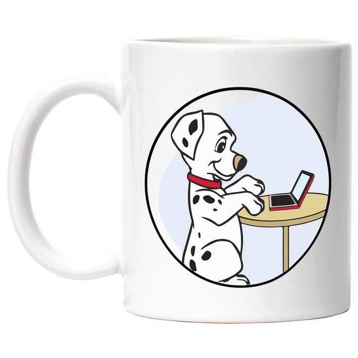Cana Cu Cainii Dalmatieni – Design Cartoon Nostalgic, Cadou Special si Inspirat, Ceramica, 330ML, Cu Maner si Interior Alb