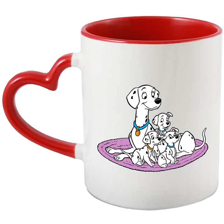 Cana Cu Cainii Dalmatieni – Personaje Disney Iconice, Stil Creativ si Aventuros, Ceramica, 330ML, Cu Maner Inima Rosie si Interior Rosu