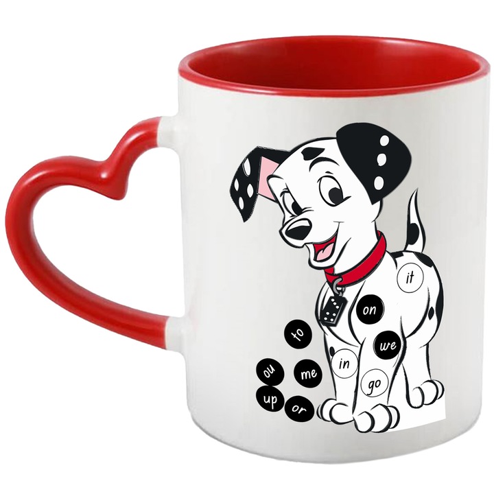 Cana Cu Cainii Dalmatieni – Eroi Disney Iconici, Cadou Special si Aventuros, Ceramica, 330ML, Cu Maner Inima Rosie si Interior Rosu