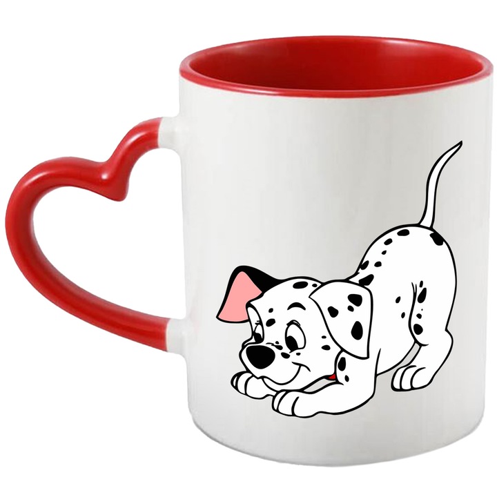 Cana Cu Cainii Dalmatieni – Eroi Nostalgici Cartoon, Design Unic si Aventuros, Ceramica, 330ML, Cu Maner Inima Rosie si Interior Rosu