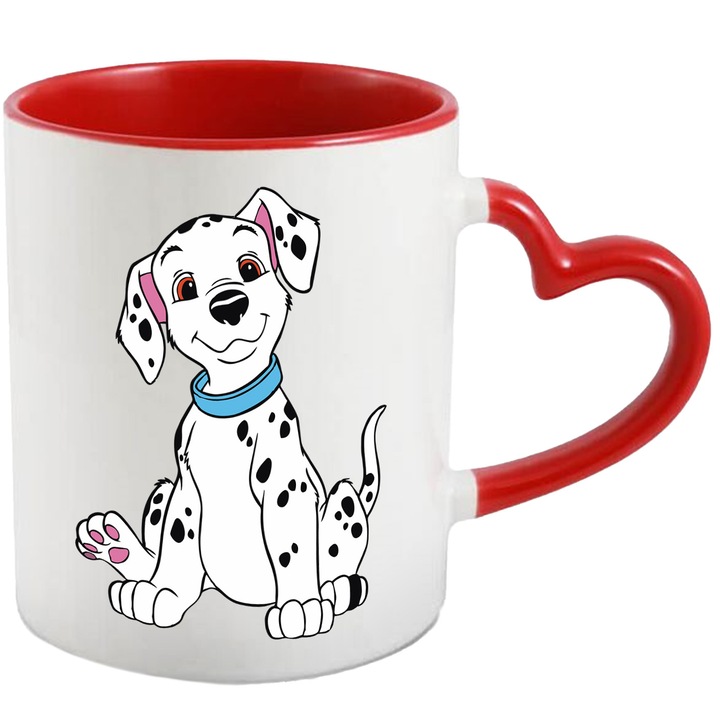 Cana Cu Cainii Dalmatieni – Eroi Cartoon Amuzanti, Cadou Special si Colorat, Ceramica, 330ML, Cu Maner Inima Rosie si Interior Rosu