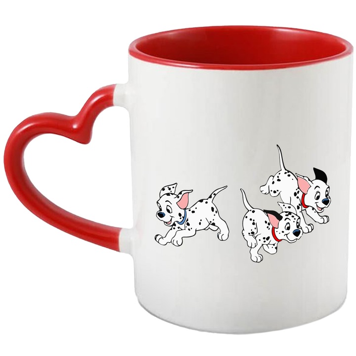 Cana Cu Cainii Dalmatieni – Aventuri Cartoon Vesel, Cadou Special si Aventuros, Ceramica, 330ML, Cu Maner Inima Rosie si Interior Rosu