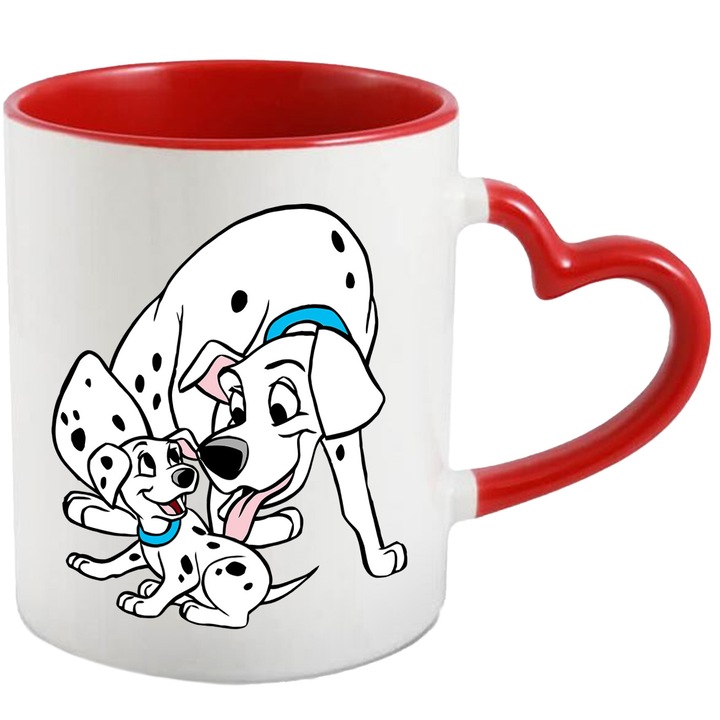 Cana Cu Cainii Dalmatieni – Eroi Cartoon Aventuros, Cadou Original si Inspirat, Ceramica, 330ML, Cu Maner Inima Rosie si Interior Rosu