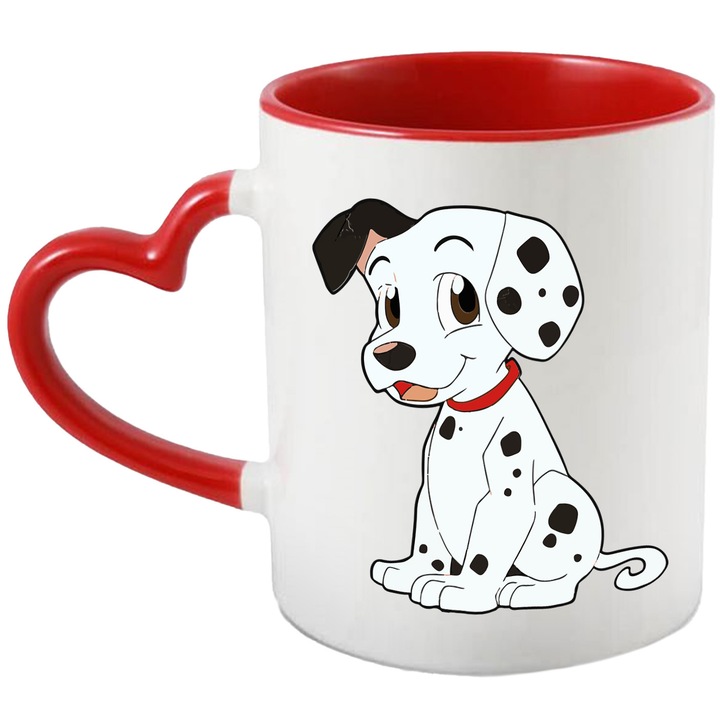 Cana Cu Cainii Dalmatieni – Personaje Nostalgic Disney, Cadou Special si Aventuros, Ceramica, 330ML, Cu Maner Inima Rosie si Interior Rosu