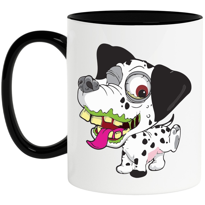 Cana Cu Cainii Dalmatieni – Design Cartoon Creativ, Cadou Original si Aventuros, Ceramica, 330ML, Cu Maner si Interior Negru