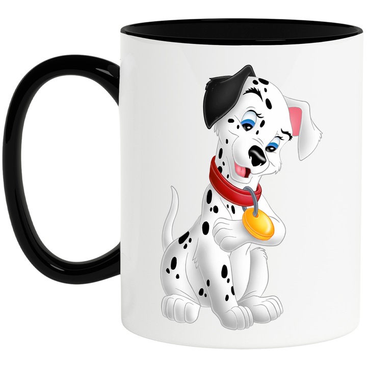 Cana Cu Cainii Dalmatieni – Aventuri Cartoon Nostalgice, Cadou Special si Colorat, Ceramica, 330ML, Cu Maner si Interior Negru