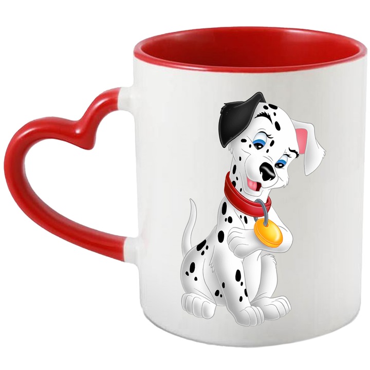 Cana Cu Cainii Dalmatieni – Aventuri Cartoon Nostalgice, Cadou Special si Colorat, Ceramica, 330ML, Cu Maner Inima Rosie si Interior Rosu