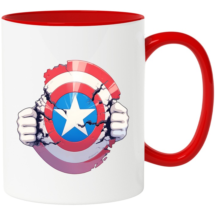 Cana Cu Captain America – Erou Nostalgic si Aventuros, Cadou Special si Colorat, Ceramica, 330ML, Cu Maner si Interior Rosu