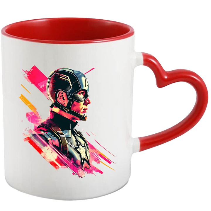 Cana Cu Captain America – Personaj Vesel si Nostalgic, Cadou Original si Aventuros, Ceramica, 330ML, Cu Maner Inima Rosie si Interior Rosu