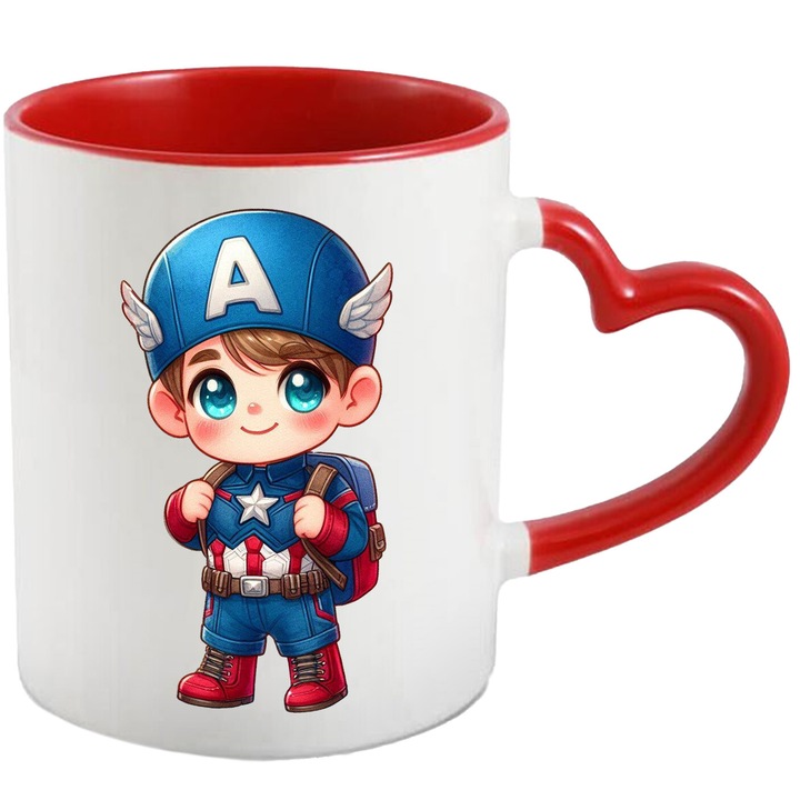 Cana Cu Captain America – Personaj Comic Marvel, Arta pentru Fani si Inspirat, Ceramica, 330ML, Cu Maner Inima Rosie si Interior Rosu
