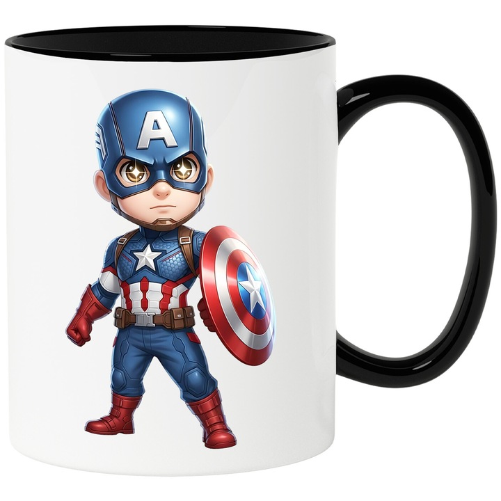 Cana Cu Captain America – Personaj Iconic si Amuzant, Cadou Original si Aventuros, Ceramica, 330ML, Cu Maner si Interior Negru