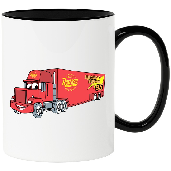 Cana Cu Cars – Eroi Nostalgici Pixar, Cadou Original si Colorat, Ceramica, 330ML, Cu Maner si Interior Negru