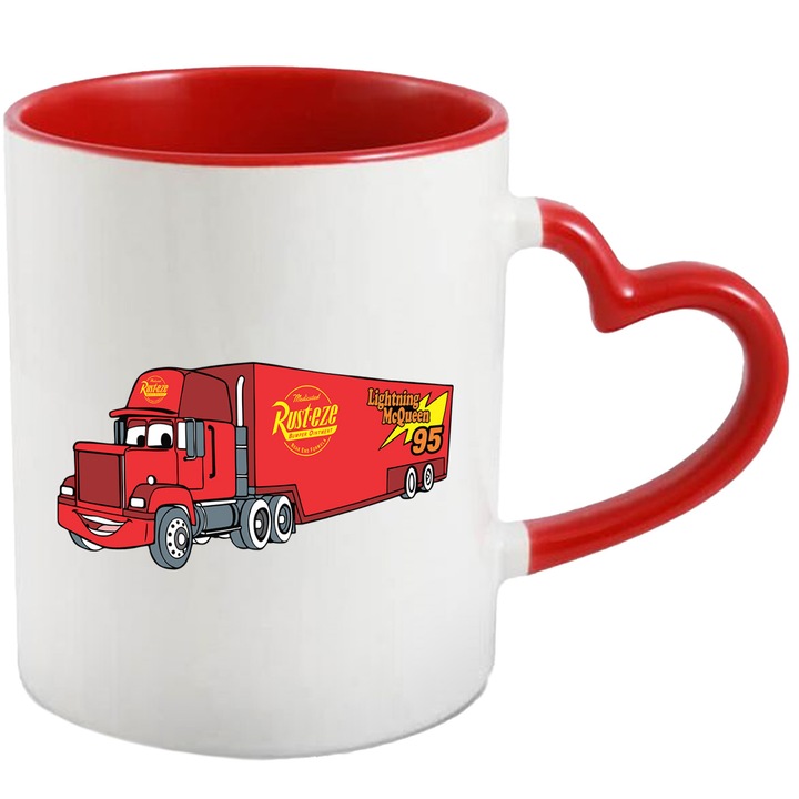 Cana Cu Cars – Eroi Nostalgici Pixar, Cadou Original si Colorat, Ceramica, 330ML, Cu Maner Inima Rosie si Interior Rosu