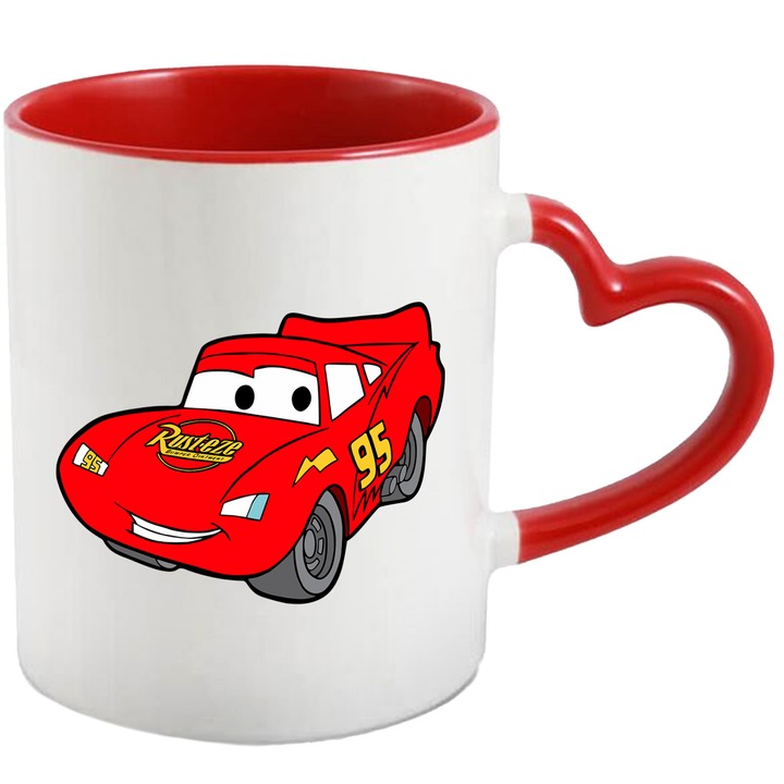 Cana Cu Cars – Eroi Pixar Iconici, Design Creativ si Aventuros, Ceramica, 330ML, Cu Maner Inima Rosie si Interior Rosu