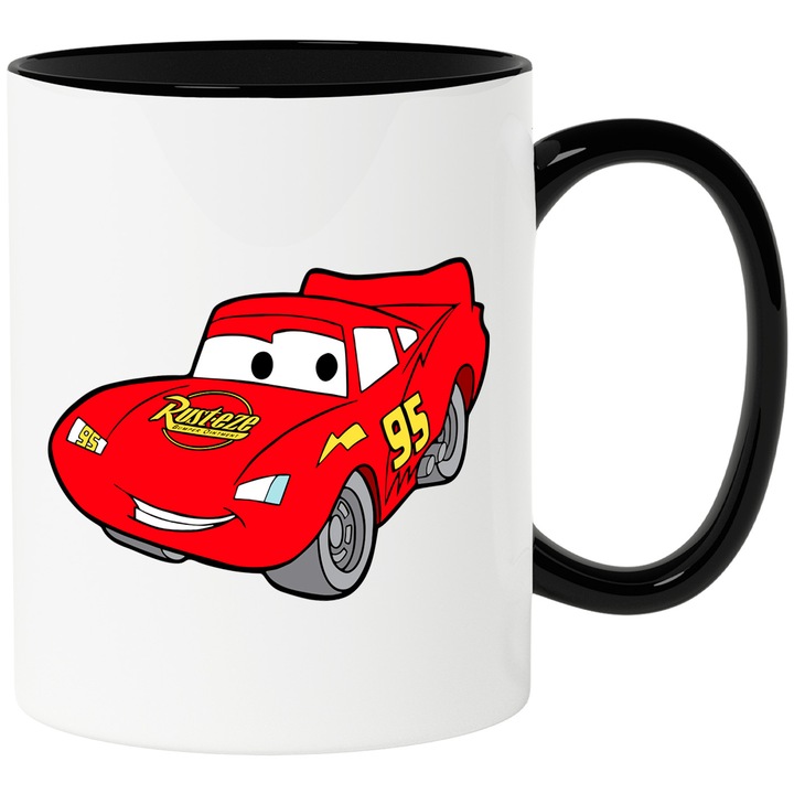 Cana Cu Cars – Eroi Pixar Iconici, Design Creativ si Aventuros, Ceramica, 330ML, Cu Maner si Interior Negru