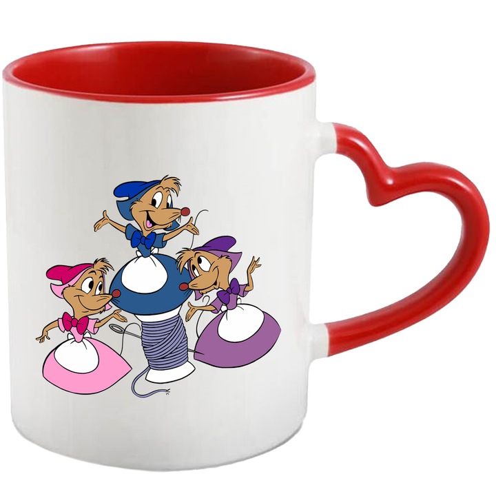 Cana Cu Jaq din Cinderella – Design Aventuros si Vesel, Cadou Original si Colorat, Ceramica, 330ML, Cu Maner Inima Rosie si Interior Rosu
