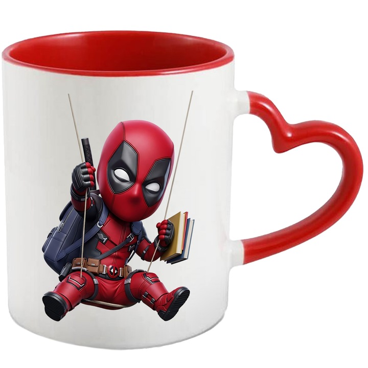 Cana Cu Deadpool – Erou Marvel Iconic, Cadou Original si Aventuros, Ceramica, 330ML, Cu Maner Inima Rosie si Interior Rosu