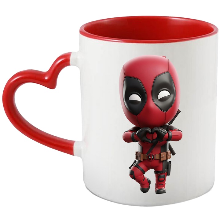 Cana Cu Deadpool – Personaj Comic si Vesel, Cadou Special si Colorat, Ceramica, 330ML, Cu Maner Inima Rosie si Interior Rosu