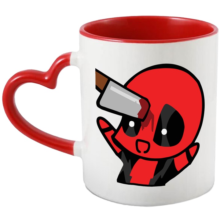 Cana Cu Deadpool – Design Aventuros si Colorat, Cadou Special si Inspirat, Ceramica, 330ML, Cu Maner Inima Rosie si Interior Rosu