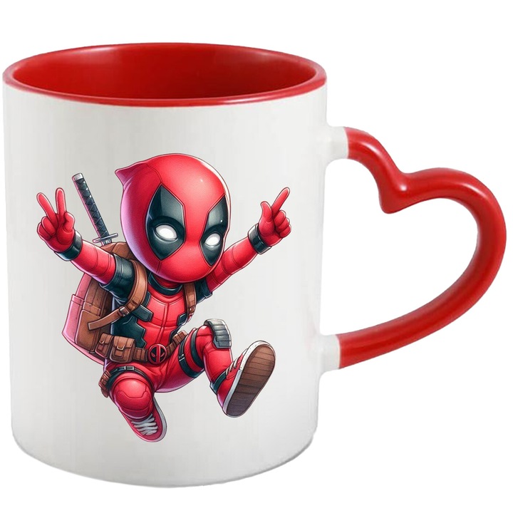 Cana Cu Deadpool – Erou Nostalgic Marvel, Arta Vesela si Aventuros, Ceramica, 330ML, Cu Maner Inima Rosie si Interior Rosu