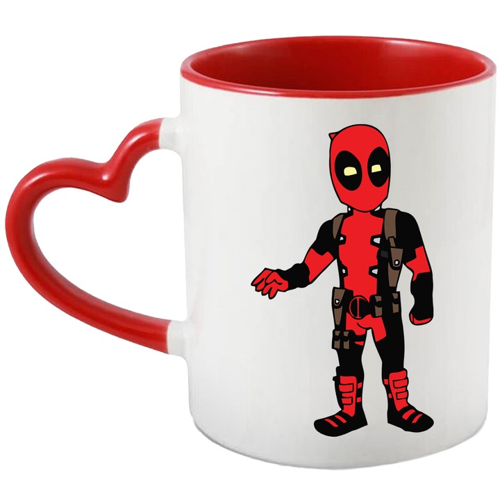 Cana Cu Deadpool – Personaj Nostalgic si Aventuros, Cadou Special si Inspirat, Ceramica, 330ML, Cu Maner Inima Rosie si Interior Rosu