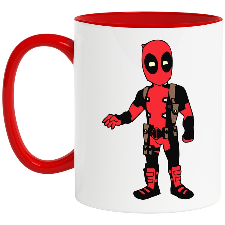 Cana Cu Deadpool – Personaj Nostalgic si Aventuros, Cadou Special si Inspirat, Ceramica, 330ML, Cu Maner si Interior Rosu