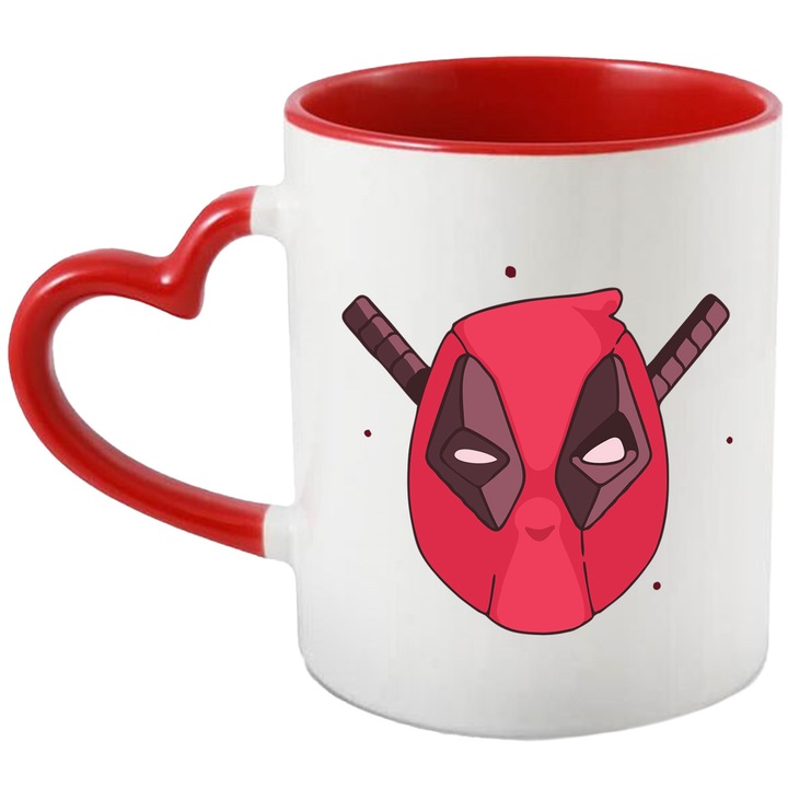 Cana Cu Deadpool – Personaj Vesel si Nostalgic, Cadou Original si Aventuros, Ceramica, 330ML, Cu Maner Inima Rosie si Interior Rosu