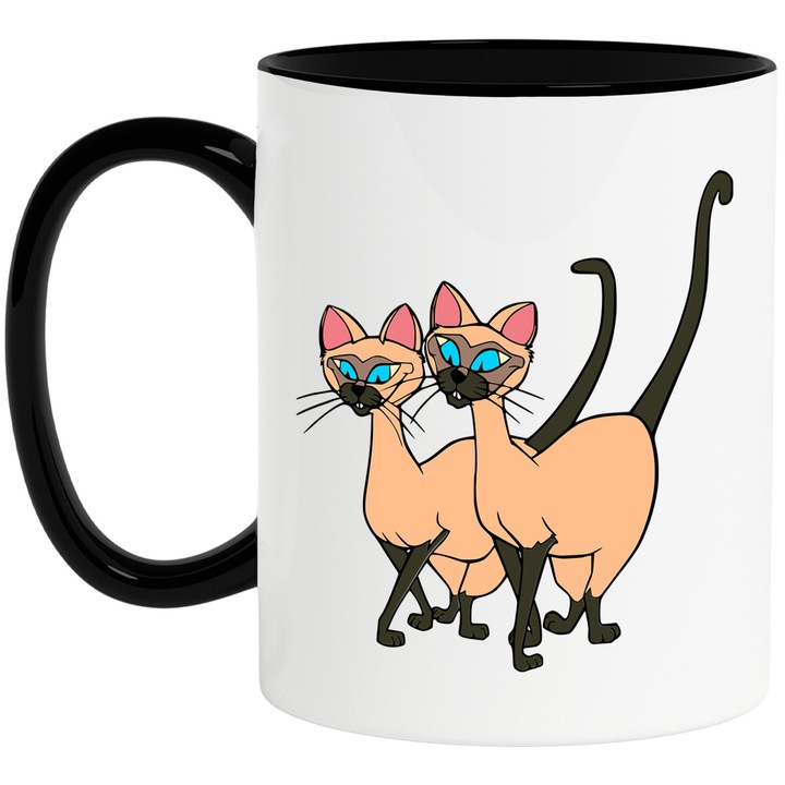 Cana Cu Si si Am – Personaje Cartoon Aventuroase, Cadou Original si Vesel, Ceramica, 330ML, Cu Maner si Interior Negru