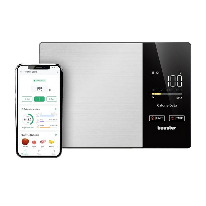 Cantar de bucatarie inteligent Booster SmartSense, analiza calorii si indici nutritionali, suport lichide, suprafata inox