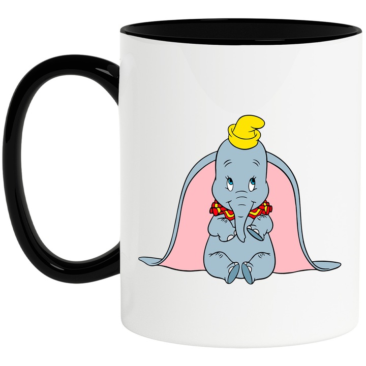 Cana Cu Dumbo – Personaj Vesel si Aventuros, Cadou Original si Colorat, Ceramica, 330ML, Cu Maner si Interior Negru