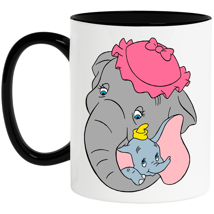 Cana Cu Dumbo – Personaj Nostalgic si Aventuros, Cadou Original si Colorat, Ceramica, 330ML, Cu Maner si Interior Negru