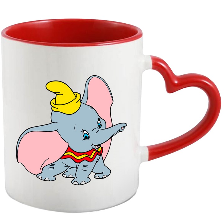Cana Cu Dumbo – Personaj Aventuros si Vesel, Cadou Original si Inspirat, Ceramica, 330ML, Cu Maner Inima Rosie si Interior Rosu